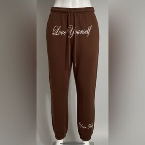 Phora Yours Truly. Love Yourself Brown Sweatpants Small Embroidered New